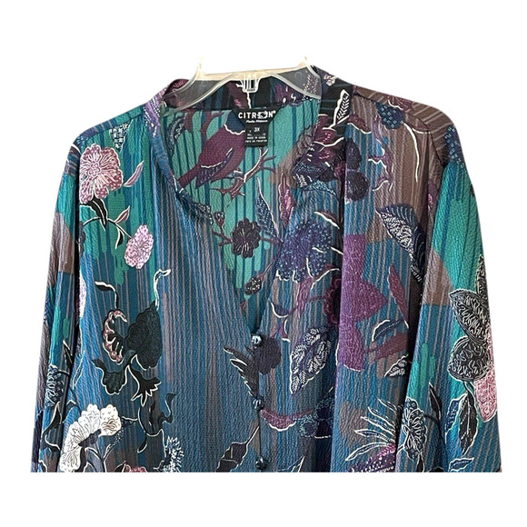 CITRON SANTA MONICA Size 3XL Purple Blue Floral Silk Textured Long Sleeve Tunic - Picture 7 of 10